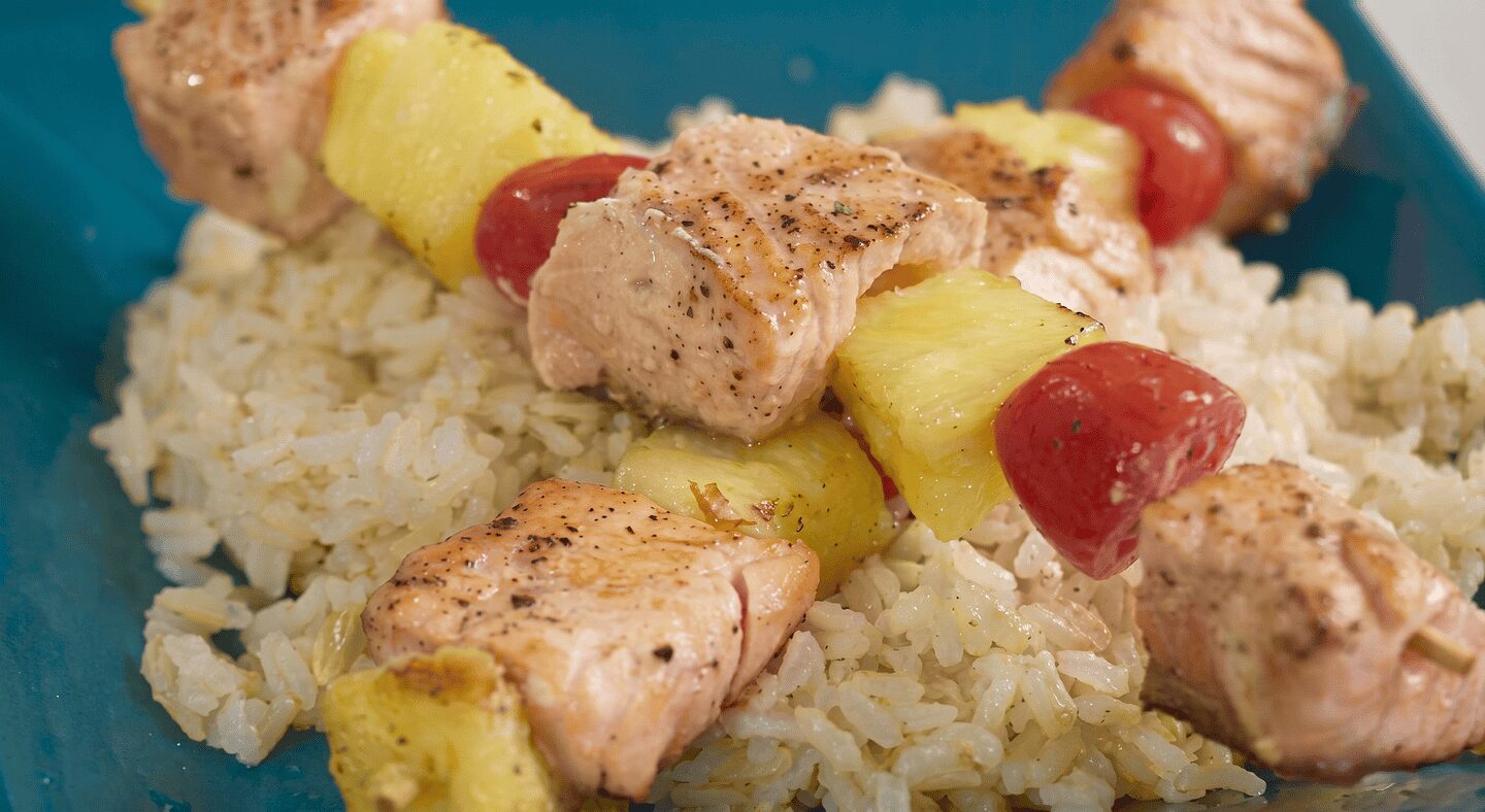 Hearty Salmon Skewers over Brown Rice